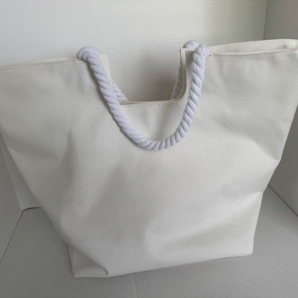 Mud Pie Canvas Patch Tote Bag Vacay White Rope Handles Beach Vacation NEW - Picture 5 of 8